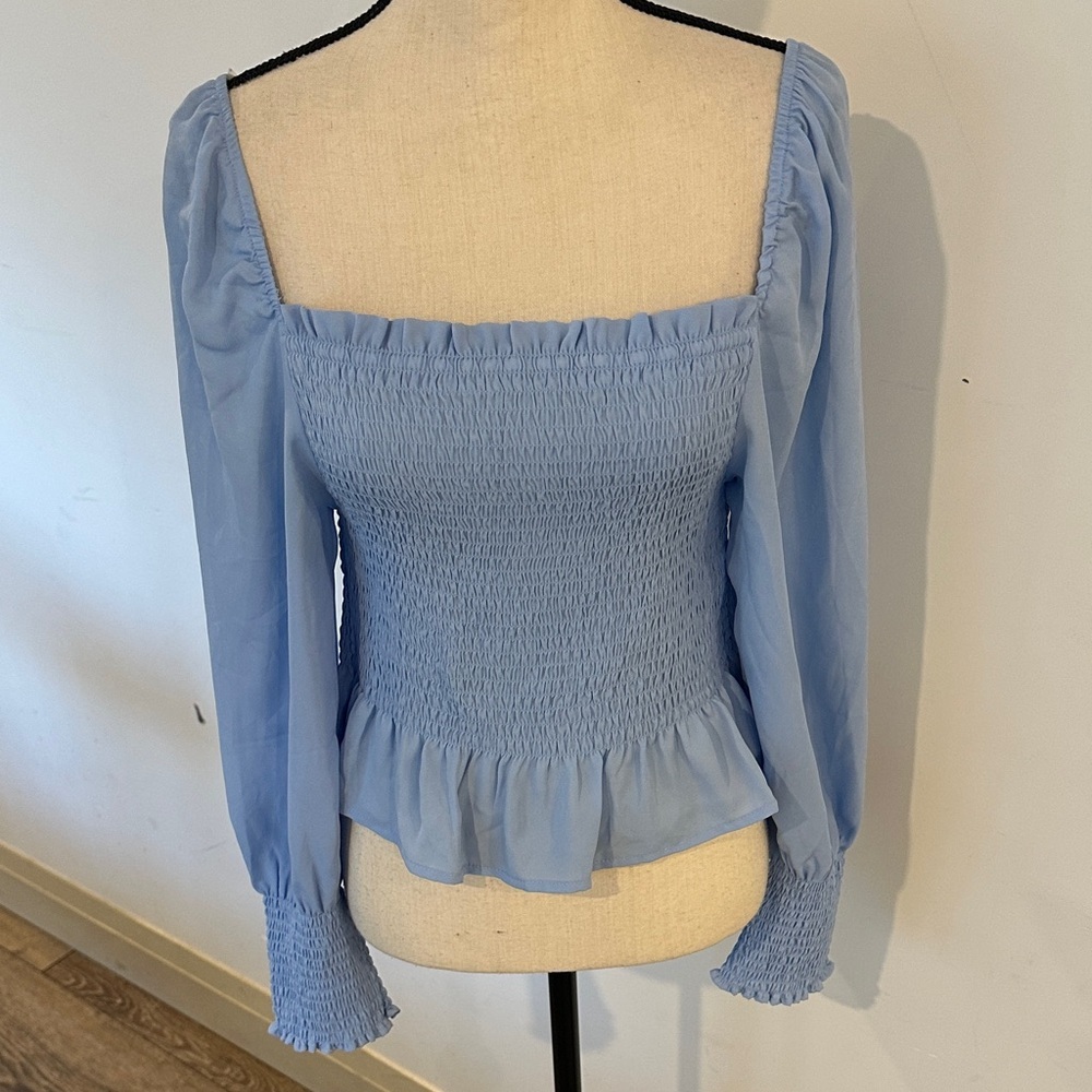 Shinestar Light Blue Smocked Blouse Long Sleeved Top Cropped Boho XL